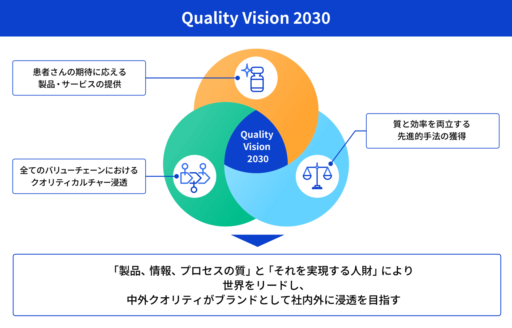 Quality Vision2030：中外製薬グループが目指す、2030年に向けた品質ビジョンと品質ビジョンを達成するための要素を三角形で表現。患者中心の価値創出、質と効率の飽くなき追求、全員参加の品質文化という3つの要素が連関することで、中外クオリティが社内外に浸透することを目指していることを視覚的に伝える図です。