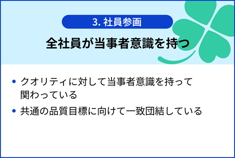 3.社員参画 全社員が当事者意識を持つ クオリティに対して当事者意識を持って関わっている ・共通の品質目標に向けて一致団結している