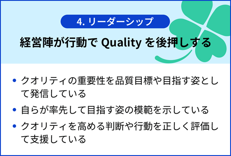 4.リーダーシップ 経営陣が行動で Quality を後押しする ・クオリティの重要性を品質目標や目指す姿として発信している ・自らが率先して目指す姿の模範を示している ・クオリティを高める判断や行動を正しく評価して支援している